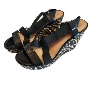 Arturo Chiang Black Platform Sandals with Animal Print Design Size 9.5